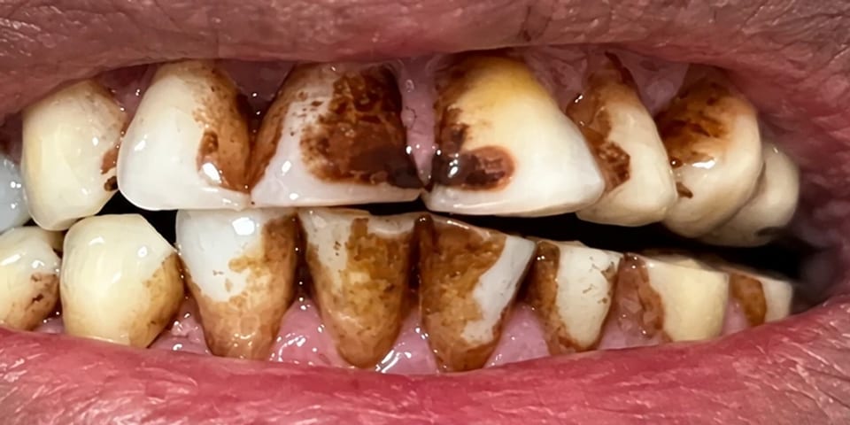 Before treatment: heavily stained and broken-down teeth