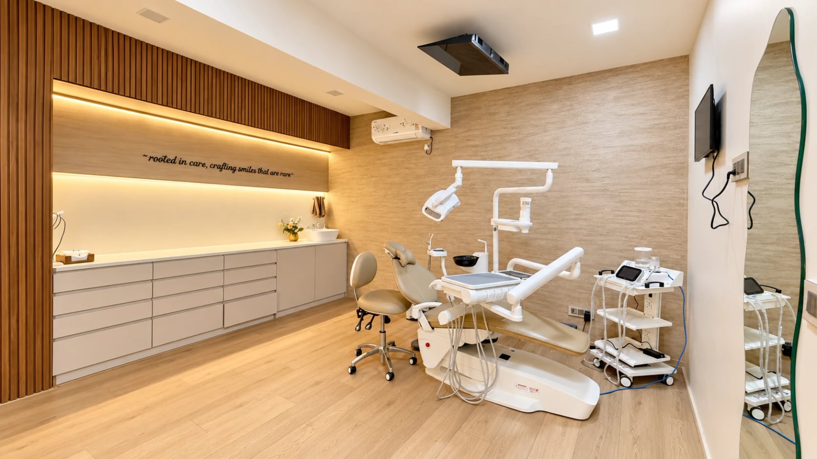 A procedure room at The Root Cause: the dental chair beneath a wood-slat ceiling, with the clinic’s motto on the wall