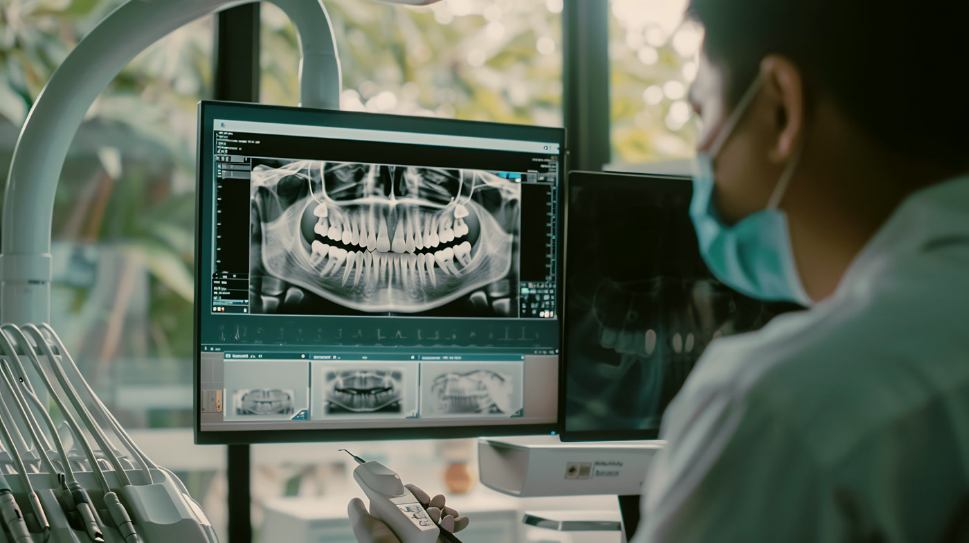 An intraoral 3D scanner beside a monitor showing a digital scan of teeth